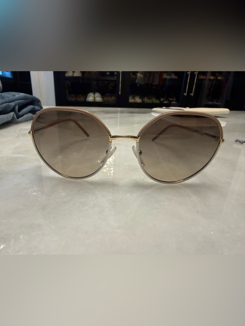 Prada Beige and Gold Oversized Round Sunglasses